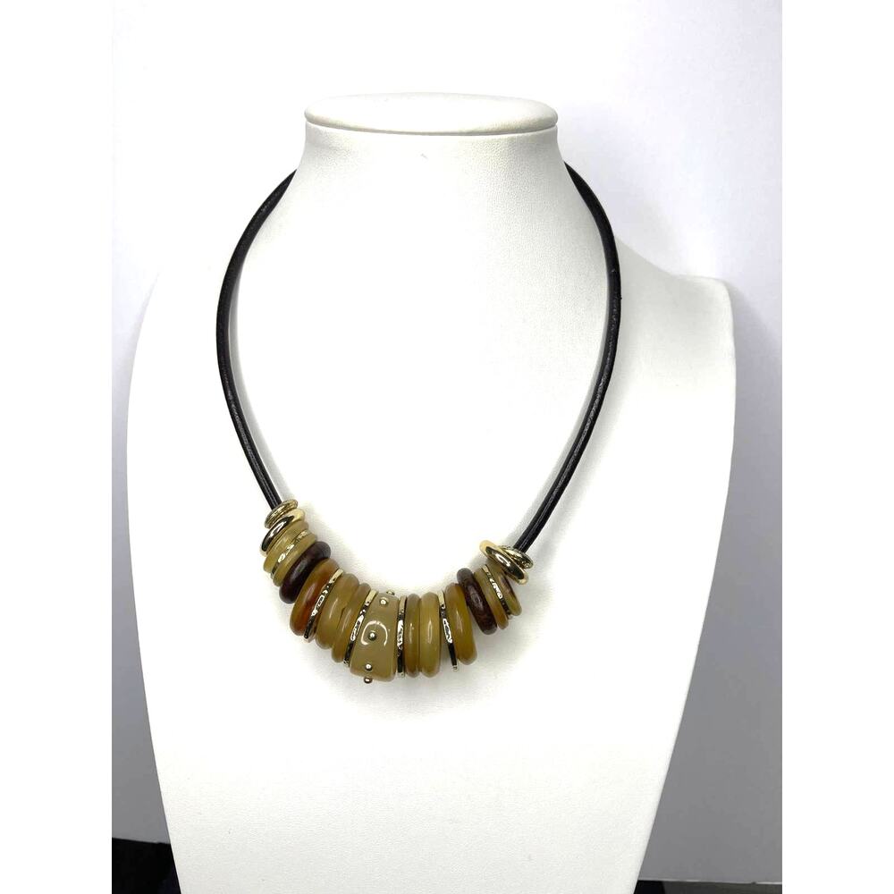 Chico's necklace costume jewelry resin disks on brown dark cord gold tone tribal
